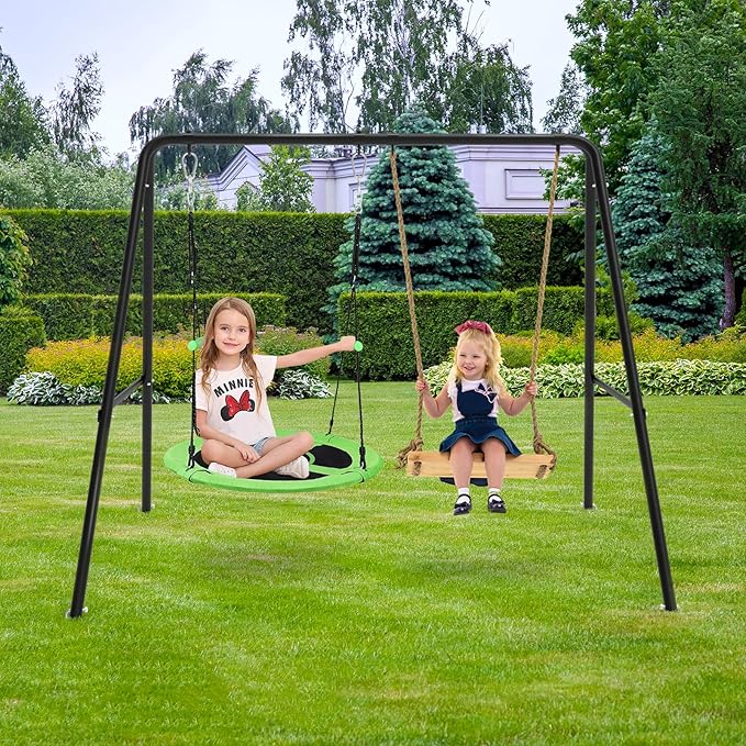 Swing Frame,2 Seats Swing Stand with Ground Stakes, Heavy Duty Thickened Metal A Stand Frame Supports up to 440lbs,for Indoor Outdoor Kids and Adults(Without Seat)