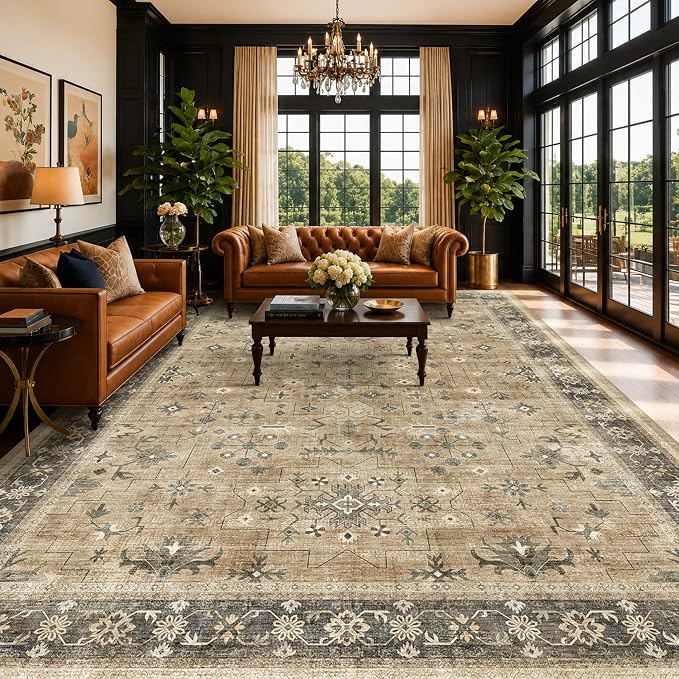 Hazo Haus Rustic Taupe Area Rug 8x12 for Living Room - Machine Washable Rugs for Bedroom, Vintage Boho Dining Room Rugs for Under Table, Low Pile Non-Slip Rubber Backing & Stain Resistance
