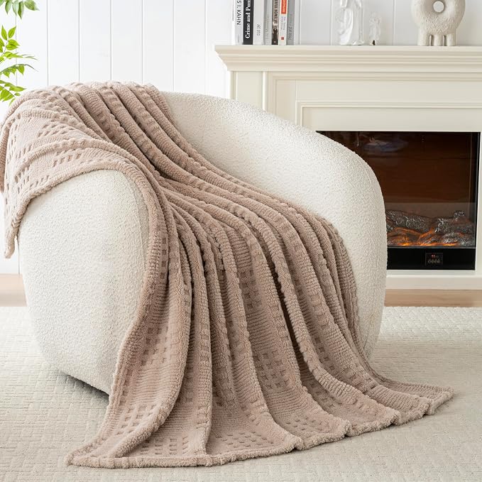 Waffle Brown Throw Blanket -Fluffy Fleece, Neutral Tan Color, Cute & Aesthetic, Perfect for Sofa, Couch, Chair, Bed, Living Room & Bedroom, All-Season Use, Plush & Cozy Decorative Blanket 50x60