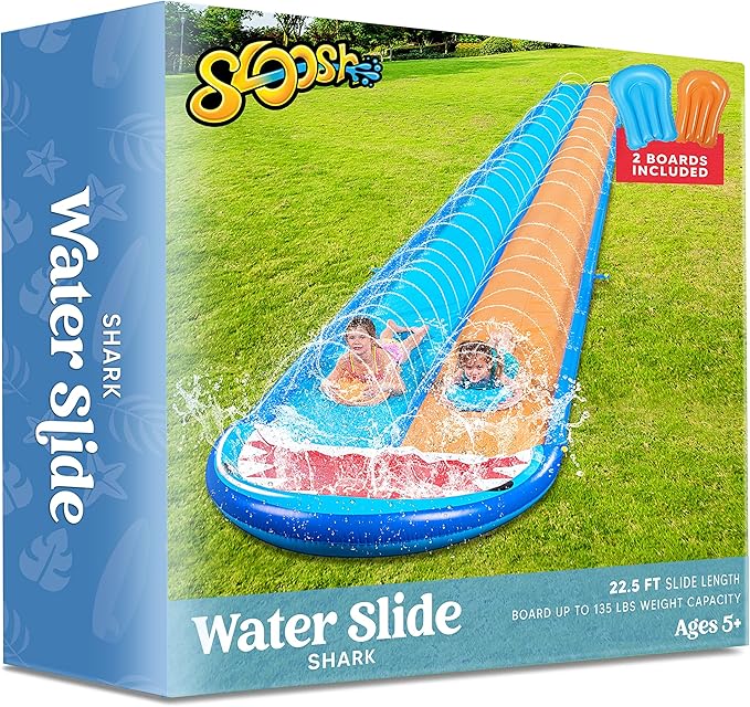 Sloosh Shark Double Water Slide, 22.5ft Heavy Duty Lawn Water Slip with Sprinkler Slide and 2 Slip Inflatable Boards for Party Summer Yard Lawn Outdoor Play Activities
