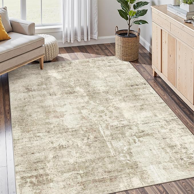 Soalmost Abstract Area Rug 6x9 for Living Room Washable Rugs Beige/Gray | Non-Slip Low-Pile Carpet for Dining Bedroom, Foldable Thin Vintage Stain Resistant Floor Mat Under Table Home Office Nursery