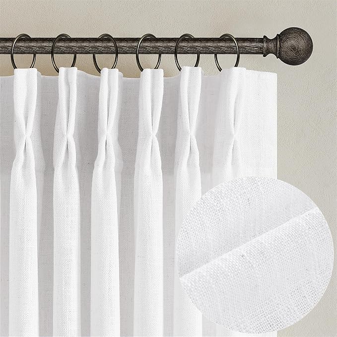 White Linen Pinch Pleated Curtains 84 Inches Long 2 Panels for Living Room Bedroom Snow White Textured Linen Pleated Hooks Rings Back Tab Elegant Luxury Light Filtering Curtain Drapes 84 Inch Length