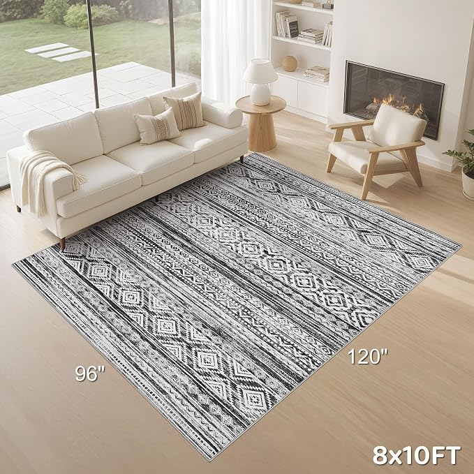 cotiled 8x10 Area Rugs Living Room Rug: Washable Boho Rugs with Non Slip Backing Large Soft Indoor Stain Resistant Carpet for Bedroom Farmhouse Dining Room Lightweight Home Decor White/Black