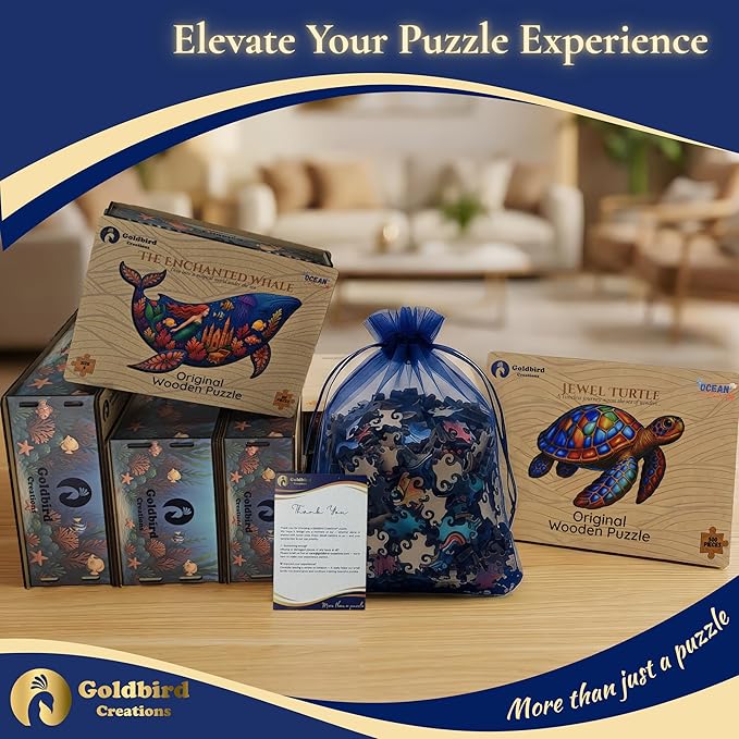 Goldbird Eco-Friendly Wooden Puzzles for Adults - 500 Piece Puzzles for Adults - Premium Gift Box - Whale Jigsaw Puzzles - Whimsical Pieces - 26.4 ร 16.5 in
