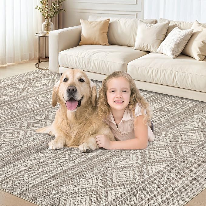 cotiled 5x8 Area Rugs Living Room Rug: Washable Boho Rugs with Non Slip Backing Large Soft Indoor Stain Resistant Carpet for Bedroom Farmhouse Dining Room Lightweight Home Decor Coffee Brown