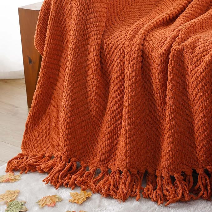 BATTILO HOME Burnt Orange Throw Blanket for Couch, 60"x80" | Knit Fall Decor Blanket Versatile for Chair, Decorative Halloween Throw Blanket with Tassels for Bed