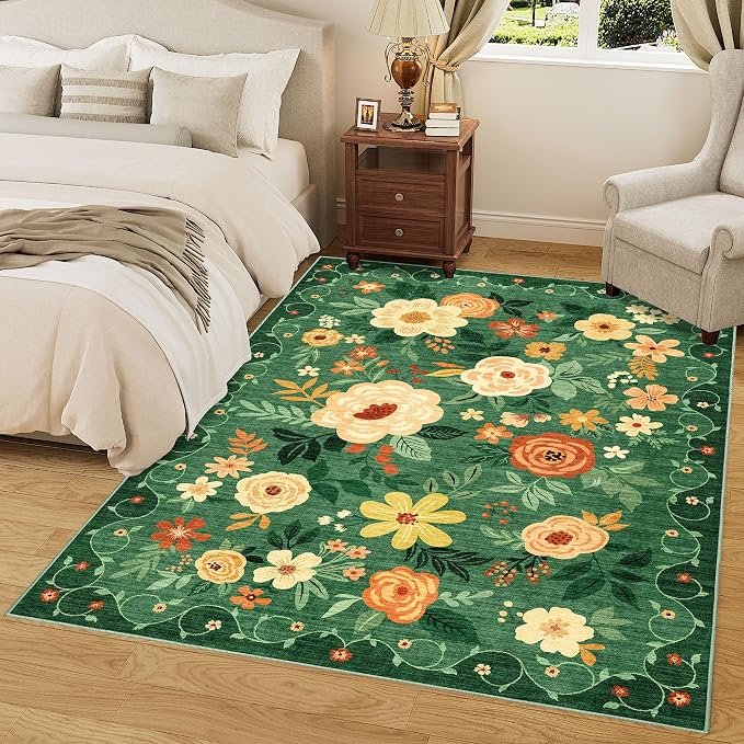 DUKINO 5x7 Area Rug Floral Washable Rug for Living Room Non Slip Dark Green | Soft, Low Pile, Stain Resistant Indoor Rug for Bedroom, Dining Room, Office, Pet Friendly, Lightweight, Modern Home Decor