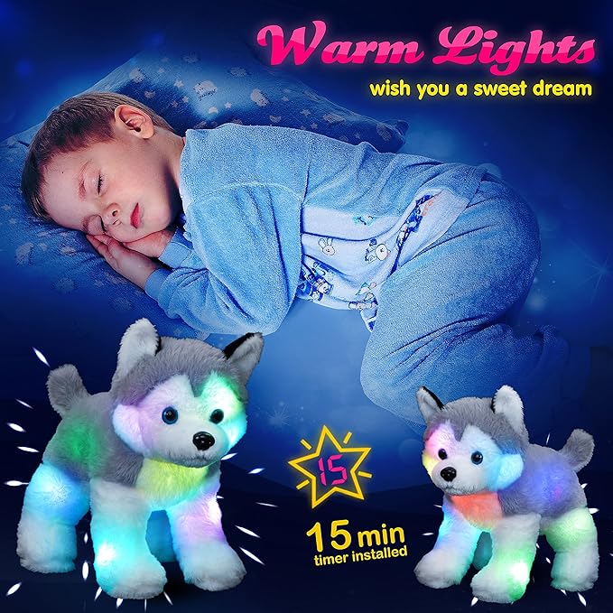 BSTAOFY 12’’ Light up Husky Puppy Stuffed Animal Realistic LED Dog Soft Plush Toy with Night Lights Glow in The Dark Birthday Valentines Christmas for Toddler Kids