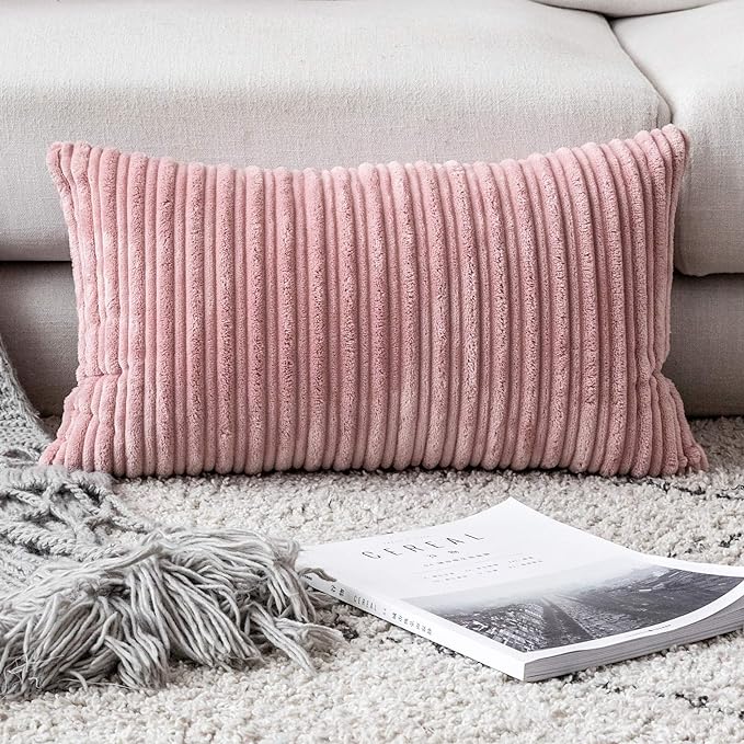 UGASA Velvet Pillow Covers Striped Soft Textured Throw Cushion Cases Pack of 2 Valentines Day Accent Corduroy Lumbar Pillowcases with Hidden Zipper for Home Decor Indoor 12"x20", Baby Pink