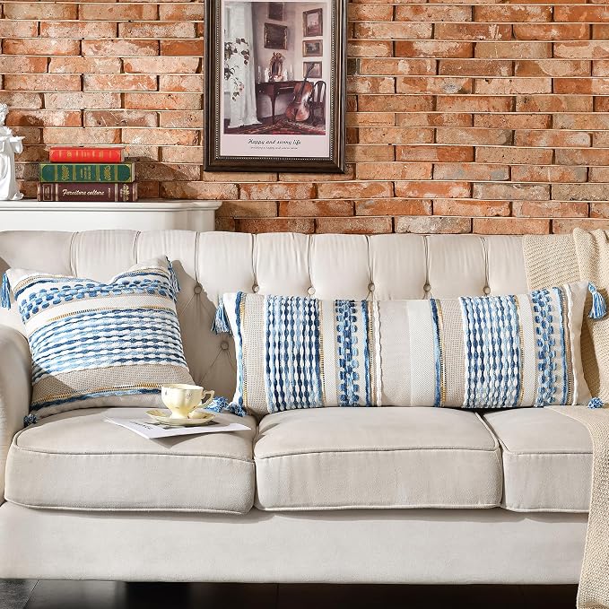 Chenille Striped Textured Boho Throw Pillow Covers Aesthetic with Tassels Woven Decorative Pillow Case for Couch Bed Sofa Bedroom Modern Funky 18 x 18-Inch Sky Blue