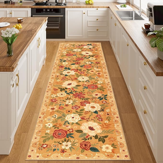 DUKINO 2.6x10 Runner Rug for Hallway, Washable Kitchen Rugs Non Slip Orange | Soft, Low Pile, Floral Indoor Floor Rug Runner for Entryway, Bedroom, Bathroom, Laundry, Pet Friendly, Home Decor, Ultra-Thin