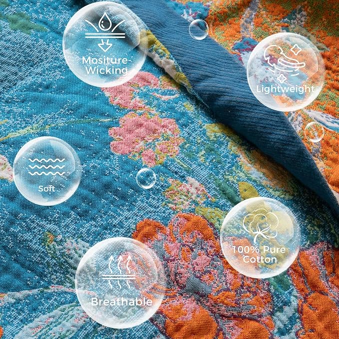 LUTBM Boho Throw Blanket for Couch 50"x60", Cotton Decorative Bed Throw | Blue Reversible Floral Birds Embroidery, All-Season Lightweight Breathable Blankets, For Chair Sofa Bedroom Living Room Decor