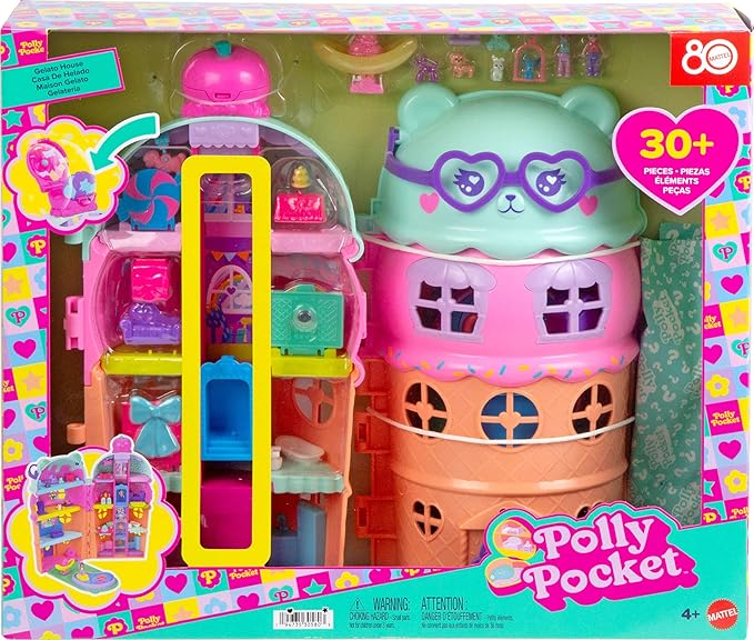 Polly Pocket Micro Dolls & Large Gelato House Playset, Ice Cream Bear Theme with 25+ Accessories Including Furniture, Food, and Pets
