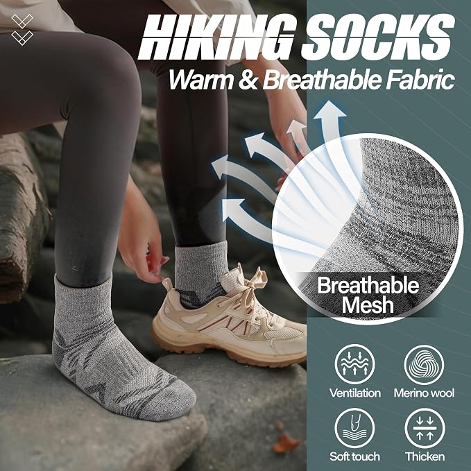 ANTSANG 6 Pairs Merino Wool Quarter Ankle Hiking Running Socks Compression Thermal Thick Cushion Socks for Women Men