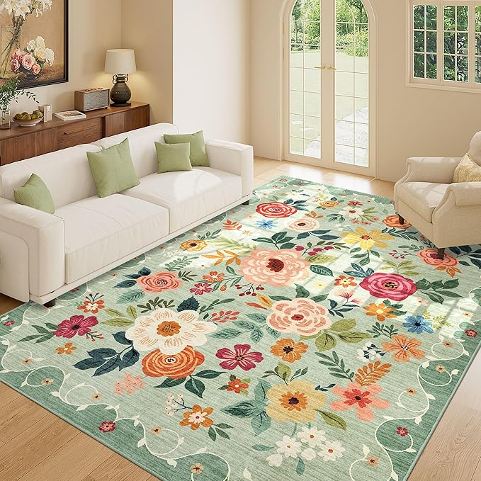 DUKINO 5x7 Area Rug, Floral Rugs for Living Room, Lightweight Non Slip Washable Rug, Indoor Low Pile & Non-Shedding Boho Design Rugs for Bedroom, Living Room, Dining Room, Green | Soft, Low Pile, Stain Resistant Indoor Rug for Bedroom, Dining Room, Off...