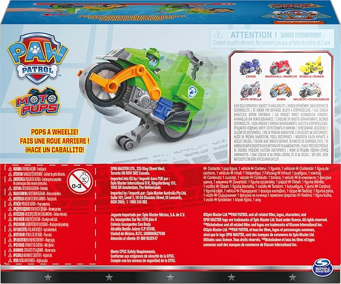 Paw Patrol, Moto Pups Rocky’s Deluxe Pull Back Motorcycle Vehicle with Wheelie Feature and Toy Figure