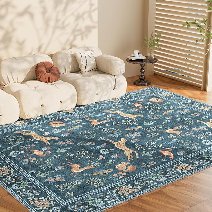 DUKINO 6x9 Area Rug, Washable Animal Living Room Rug Non Slip, Blue | Soft, Low Pile, Non-Shedding Indoor Large Carpet for Bedroom, Dining Room, Kids PlayRoom, Farmhouse, Pet Friendly, Home Decor