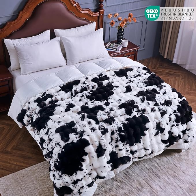 Faux Fur Throw Blanket for Couch, Fluffy Fuzzy Plush Bubble Blanket, Soft Warm Cozy Shaggy Rabbit Blanket, Luxury Decorative Gifts for Sofa Bedroom Living Room, 60x80inch (Cow Print-Black)