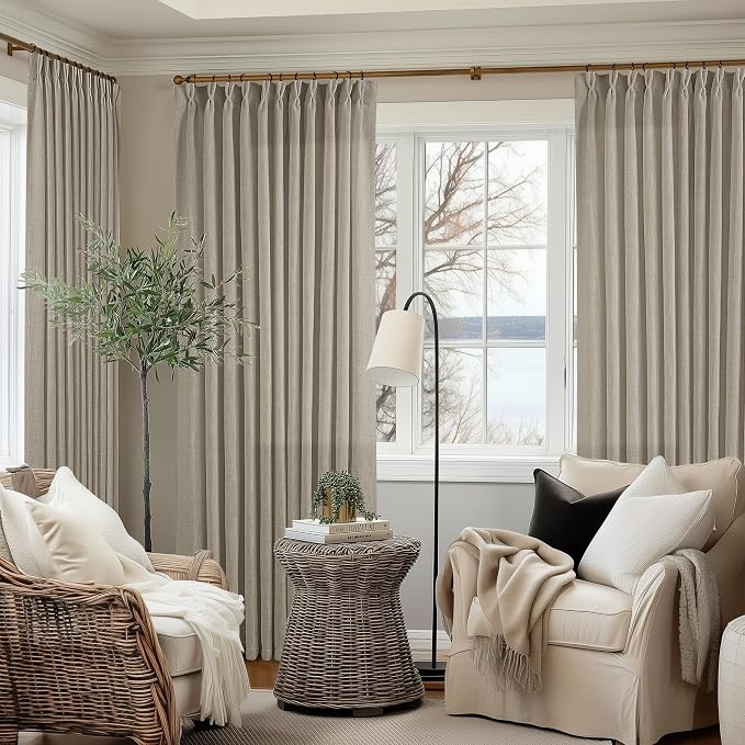Extra Wide Taupe Linen Curtain 96 Inches Long 70 Inch Wide for Living Dining Room Pinch Pleated Drapes for Patio Sliding Glass Door Hooks Rings Sheer Privacy Curtain 72x96 1 Panel Burlywood Birch
