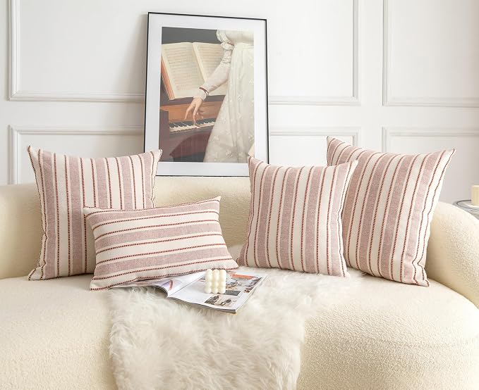 Cethom Decorative Boho Throw Pillow Covers, Farmhouse Textured Pillow Case, 18 x 18 Inch Set of 2, Chair Sofa Bedroom Living Room Home Decor Couch Cushion Case, Rust and Beige Striped