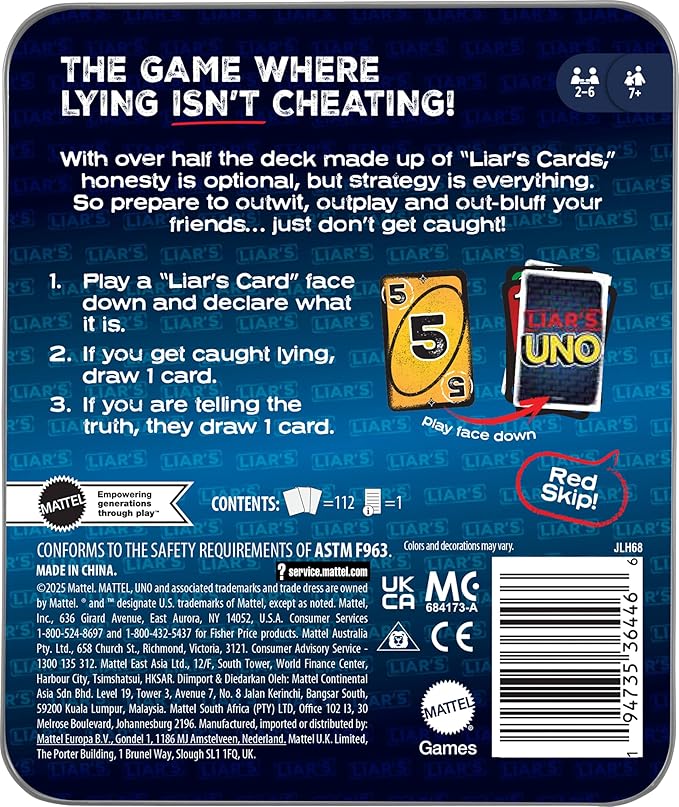 Mattel Games Liar’s UNO Card Game in Travel & Storage Tin for Adults, Kids, Families, Parties & Game Nights, Outwit Other Players with Bluffing & Trickery