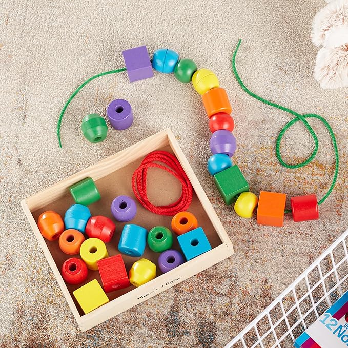 Melissa & Doug Primary Lacing Beads - Educational Toy with 30 Wooden Beads and 2 Laces for Toddlers, Fine Motor Skills Lacing Toys for Toddlers and Kids Ages 3+