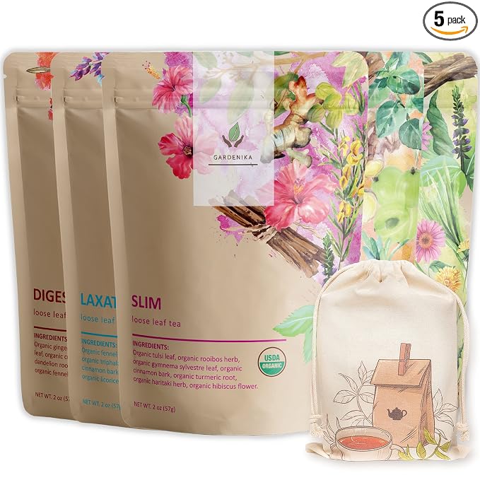 Gardenika Organic Loose Leaf Tea Set - Herbal and Caffeine-Free Variety - Kosher, No Natural or Artificial Flavors - 5 Pack
