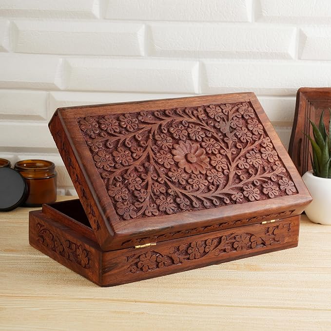 Ajuny Wooden Handcarved Decorative Jewelry Storage Box Flower Design Multipurpose Treasure Chest Keepsake Organizer Necklaces Watch Boxes Great for Gifts 10x6 Inch