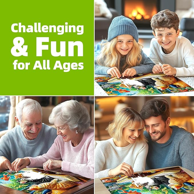 500 Piece Jigsaw Puzzles for Adults - Cats & Goldfish Aquarium Scene Colorful Kittens Book Puzzle with Letters on Back for Seniors Perfect for Game Night (23x15 Inch)