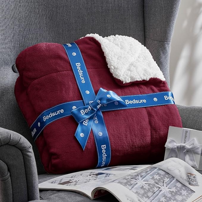 Bedsure GentleSoft Sherpa Fleece Blankets King Size for Bed, Non-Heated, Thick and Warm Throw for Girls and Women, Soft Fuzzy Plush King Blanket for Winter, Burgundy, 108x90 Inches