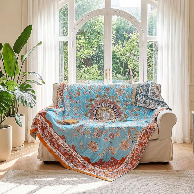 LUTBM Boho Throw Blanket for Couch 50"x60", Cotton Decorative Bed Throws | Reversible Vintage Florals Jacquard, All-Season Lightweight Soft Blankets, For Chair Sofa Bedroom Living Room, Home Decor