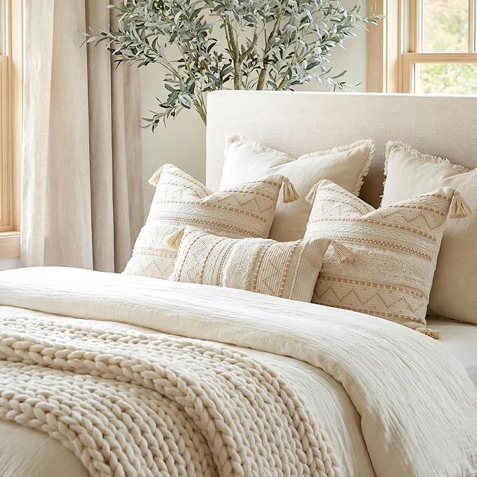 Decorative Lumbar Throw Pillow Covers 12x20 Combo Set of 2 Cream Neutral Rectangular Boho Accent Pillowcase Farmhouse Cushion for Couch Sofa Bedroom Living Home Décor Cover ONLY