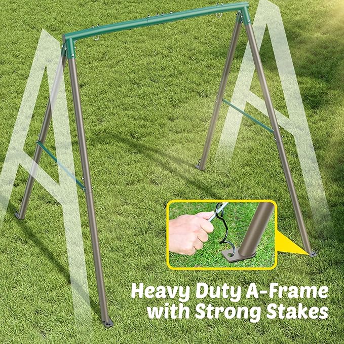 Trekassy Swing Sets for Backyard, 440lbs Heavy Duty A-Frame Metal Stand with 60" Large Platform Swing for Outdoor Playground Park(Green/Tan Frame + Rainbow Swing)(Patented)