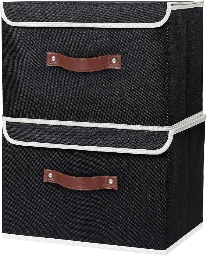 ANMINY Fabric Storage Box Bins with Lids, Black, 13"x9"x7.9", 4 Pack | Keepsake Memory Storage, Cotton Linen, PP Board Reinforced, Washable, PU Handles, Foldable & Stackable, Decorative, Medium