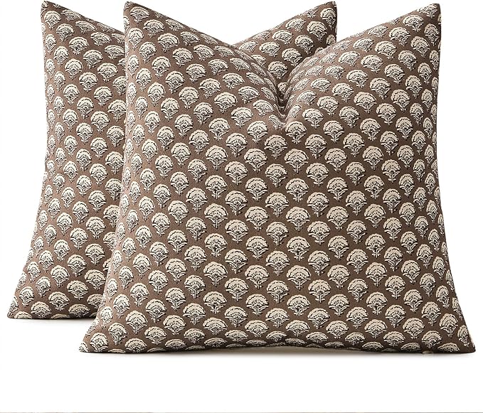 MIULEE Fall Floral Print Decorative Pillow Covers 20x20, Chocolate Brown | Vintage Boho Farmhouse Modern Home Decor, Set of 2, Block Print Cushion Covers for Couch Sofa Bed Living Room
