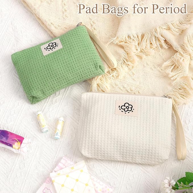 Waffle Canvas Period Pouch First Period Kit Bag Small Discreet Menstrual Cup Pad Pouch Cute Sanitary Napkin Storage Bag Tampon Holder Multi-purpose Feminine Bag Beige