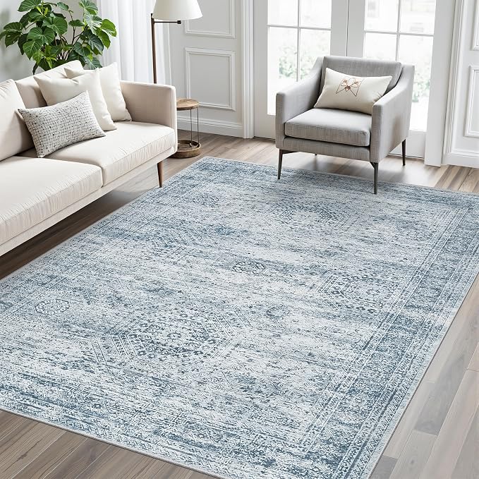 Soalmost 5x7 Area Rugs Blue Low Pile Washable Trendy Faded Style Rug | Vintage Non-Slip Indoor Accent for Bedroom Dining, Foldable Stain Resistant Floor Carpet Mat Under Table Home Office Decor