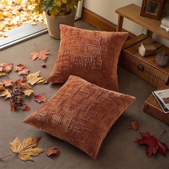 decorUhome Textured Chenille Throw Pillow Covers 22x22 Set of 2 Rust | Fall Modern Farmhouse Soft Cozy Slubby Couch Pillow Cases Boho Decorative Pillow Cases for Bed Sofa Living Room Home Decor
