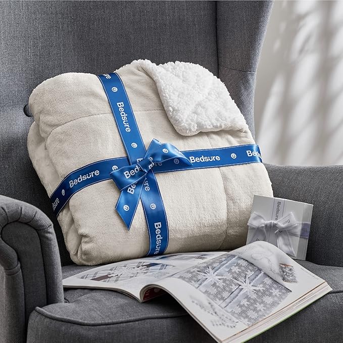 Bedsure GentleSoft Sherpa Fleece Twin Size Blanket for Couch, Non-Heated, Thick and Warm Throw for Women and Men, Soft Fuzzy Plush Twin Blanket for Winter, Linen, 60x80 Inches