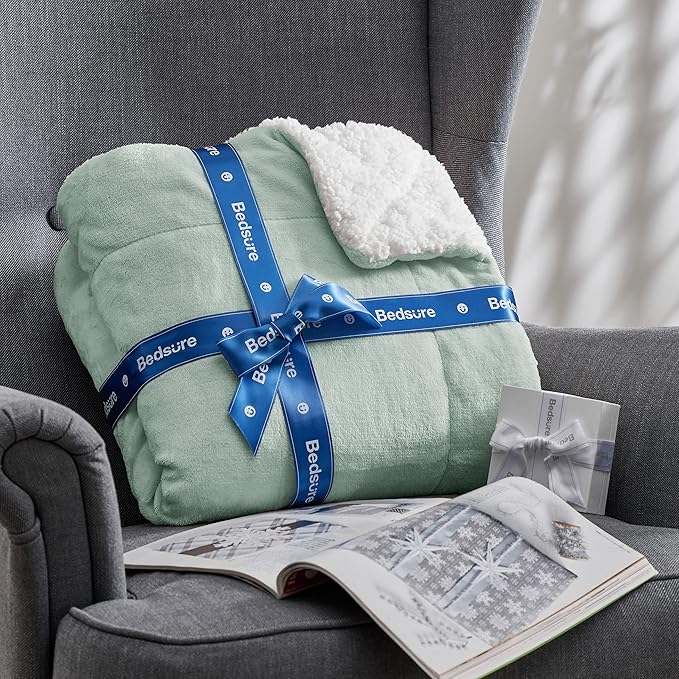 Bedsure GentleSoft Sherpa Fleece Twin Size Blanket for Couch, Non-Heated, Thick and Warm Throw for Women and Men, Soft Fuzzy Plush Twin Blanket for Spring, Sage Green, 60x80 Inches