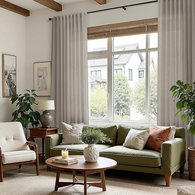 Nanspring Grey Beige Curtains for Living Room 120 Inches Long Linen Light Filtering Semi Sheer Curtain Back Tab Simple Modern Boho Long Floor to Ceiling High Window for Bedroom 52x120, 2 Panels