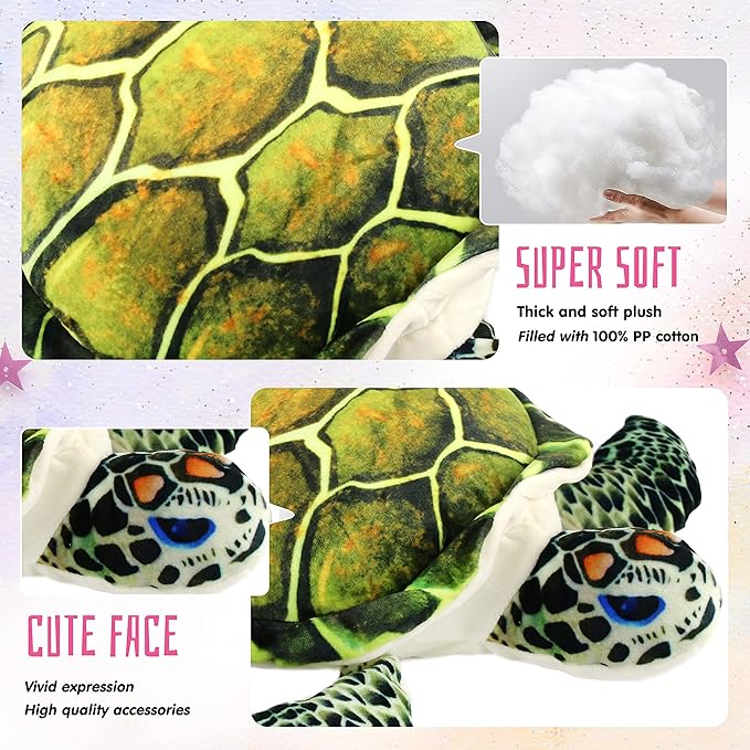 Athoinsu Realistic Stuffed Animal Sea Turtle Soft Plush Toy Ocean Life Tortoise Throw Pillow Birthday Plushie Gifts for Toddler Kids Boys and Girls, 18'' (Green)