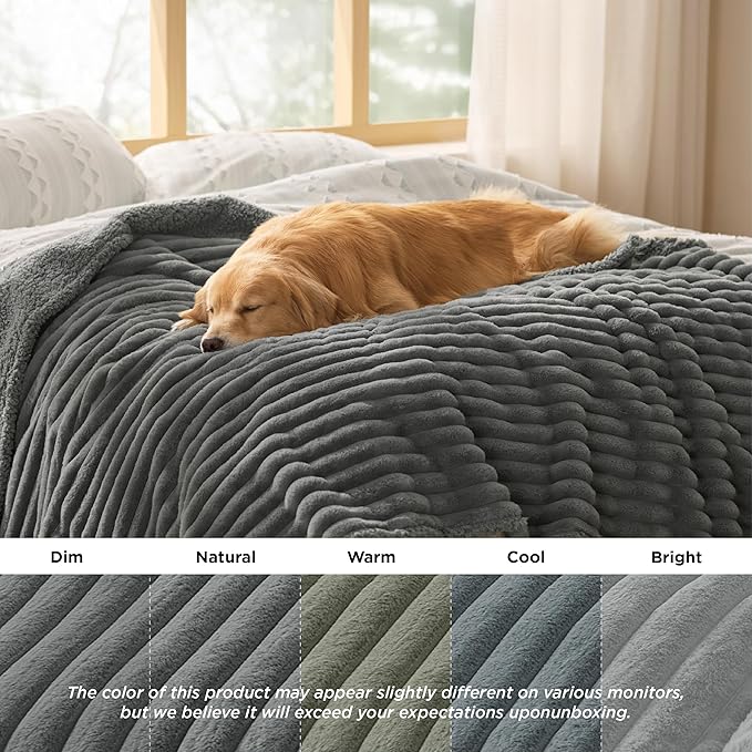 Bedsure ComfyFleece™ Waterproof Blanket for Bed - Soft Plush Dog Blankets for Large Dogs Corduroy Fleece Washable, Cozy Calming Reversible Furniture Protection for Pet Cat,86"x90", Queen, Warm Grey