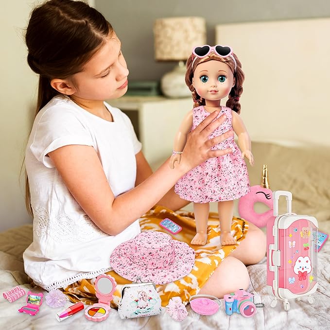 Doll Suitcase Travel Set, 18 inch Doll Clothes and Accessories - 28 Pcs Travel Pillow, Unicorn Bag, Sunglasses, Camera, Computer, Phone, Passport, Birthday Gift for Age 3 4 5 6 Year Old Girls