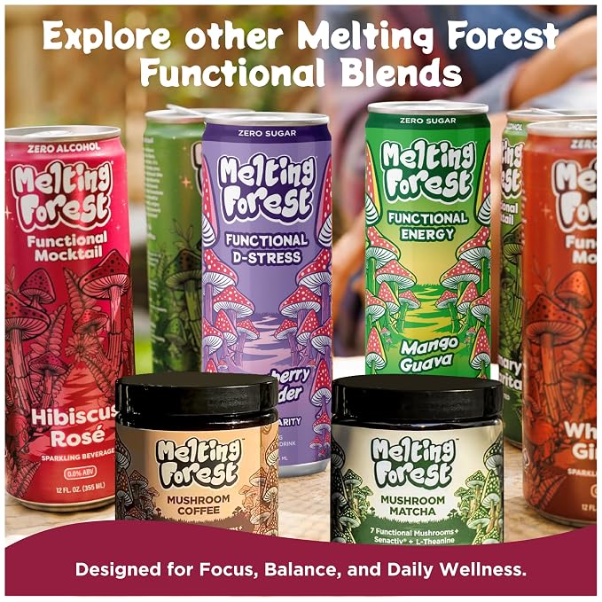Melting Forest Functional Mocktail Hibiscus Rose – Alcohol-Free, Euphoric Adaptogen Drink with Reishi, Antrodia, Lion’s Mane, Ashwagandha – 10 Calories, Vegan, Gluten-Free (4 Pack)