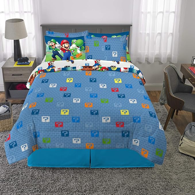 Super Mario Bros Kids Bedding Super Soft Cozy Comforter and Sheet Set with Sham, 7 Piece Full Size Nintendo Gamer Bed Set, (100% Officially Licensed Product) by Franco
