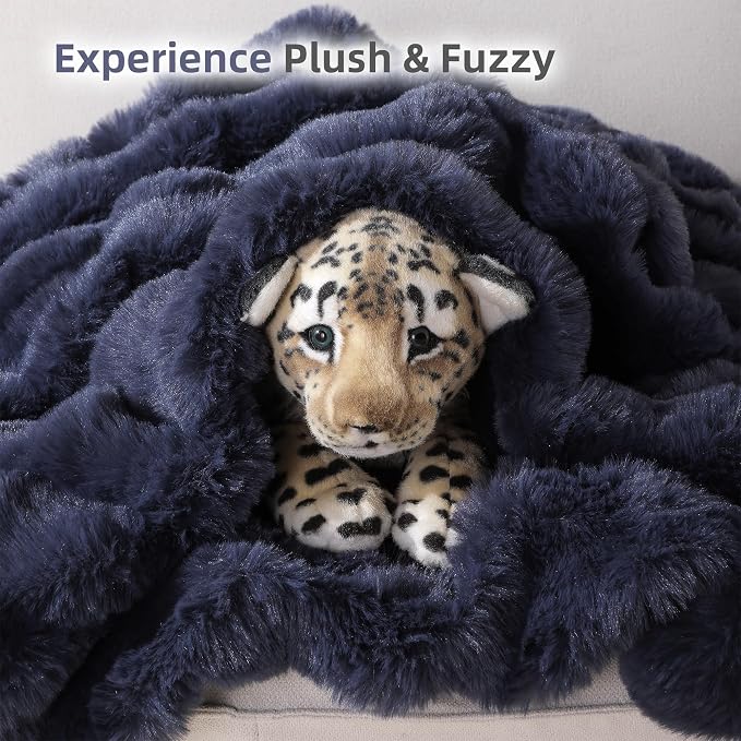 Faux Rabbit Fur Throw for Couch - Navy Blue Bubble Blanket 60"x80" | Fluffy Plush Fuzzy Throw for Sofa & Bed, Super Soft Cozy Comfrt Blanket, Luxury Aesthetic Navy Blue Decor Gift for Women