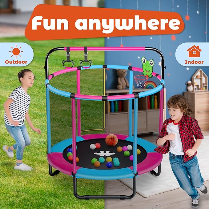 Happin® 55†Toddler Trampoline Indoor & Outdoor Playset, 5FT Kids Trampoline, Ultra Safe Mini Trampoline for Kids with Safety Enclosure Net, Gifts for Birthday with Basketball Hoop