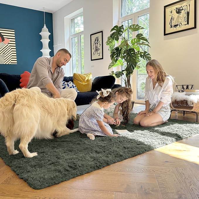 OLANLY 2x5 Machine Washable Runner Rugs for Hallway, Soft Fluffy Shaggy Bedside Rugs for Bedroom, Living Room, Indoor Floor Carpet for Kids Girls and Boys, Home Decor Aesthetic, Olive Green