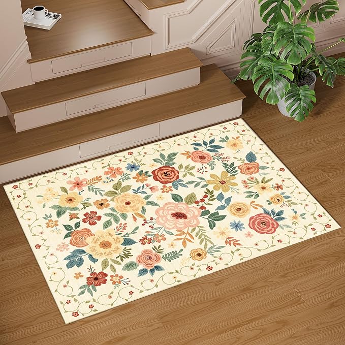 DUKINO 2x3 Entryway Rug, Door Mat Soft Washable Rug Non Slip, Beige Yellow | Low Pile, Non-Shedding, Floral Small Rug for Kitchen, Entrance, Bedroom, Bathroom, Pet Friendly, Stain Resistant, Home Decor
